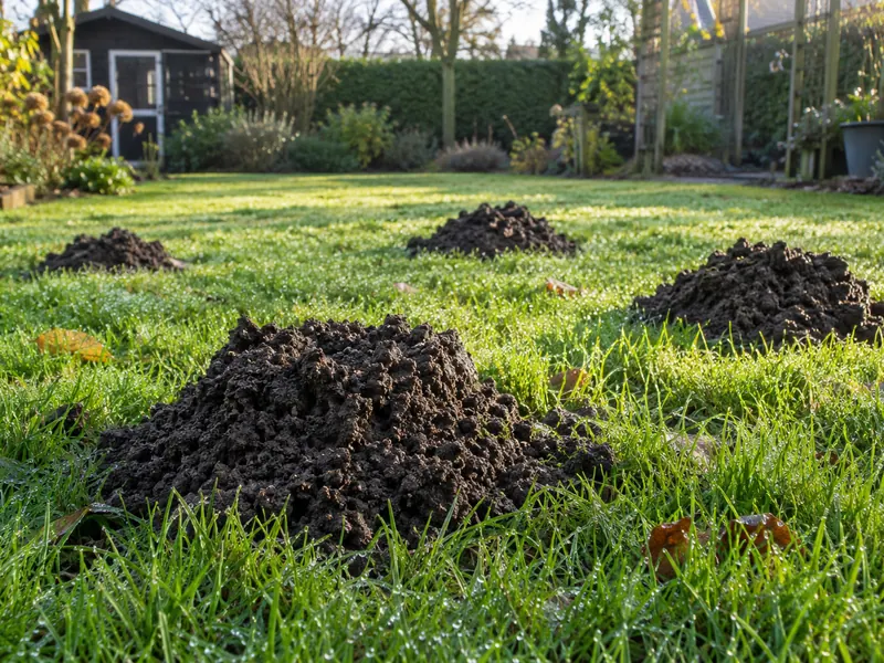 Verse molshopen van donkere aarde op een groen gazon in een Nederlandse achtertuin