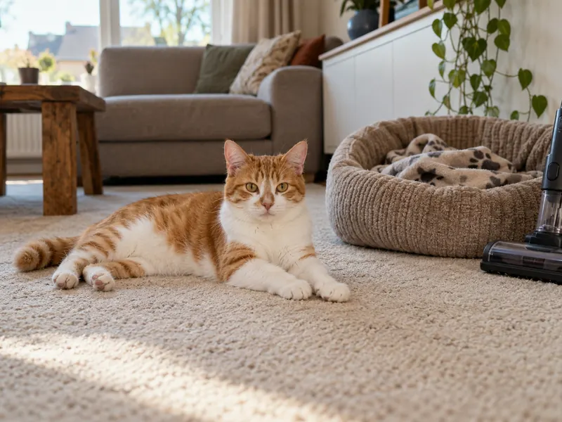 Kat op een beige tapijt, met een kattenmand en een stofzuiger