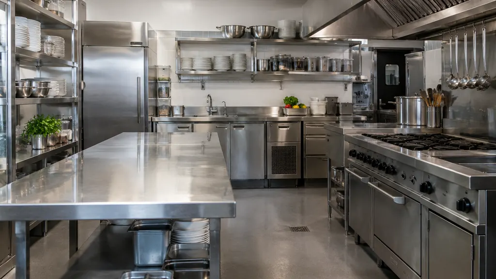 Schone professionele restaurantkeuken met roestvrijstalen werkbladen